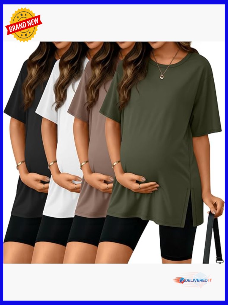 4 Pack Maternity T-Shirts Short Sleeve Split Side Loose Fit Crewneck Pregnancy